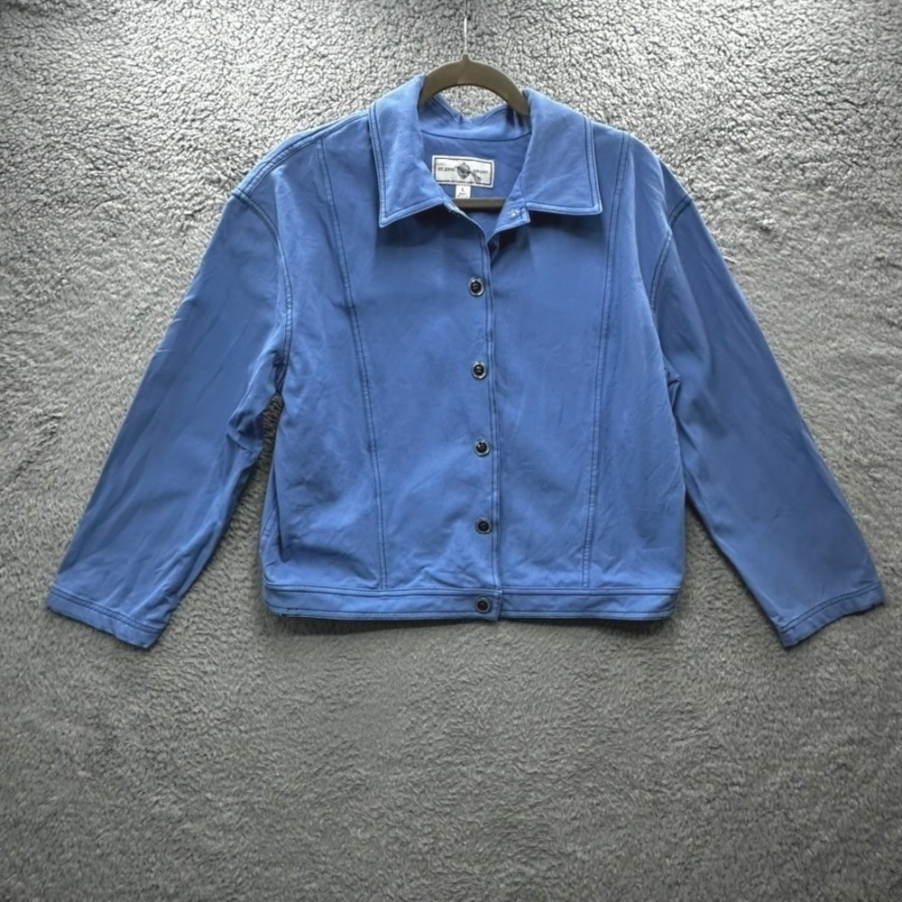 St John Sport Large Marie Gray Blue Button Front Jacket Logo Buttons USA Made